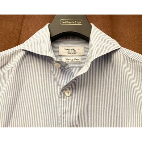 MADE IN JAPAN製 Maker's Shirt 鎌倉 半袖ストライプリネンコットンシャツ スカイブルー Sサイズ