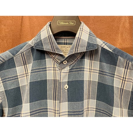 MADE IN ITALY製 ORIAN DENIM DIVISION Slim Fit 長袖デニムチェックシャツ ブルー×ライトブルー Sサイズ