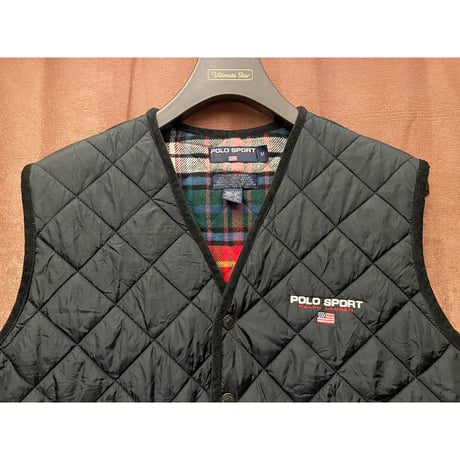 90s POLO SPORT 裏チェック柄キルティングベスト ブラック Mサイズ
