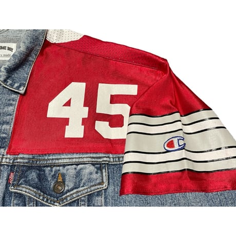 Awesome Boy × ichiryu made REMAKE NFL DENIM JACKET ライトインディゴ×レッド M-Lサイズ