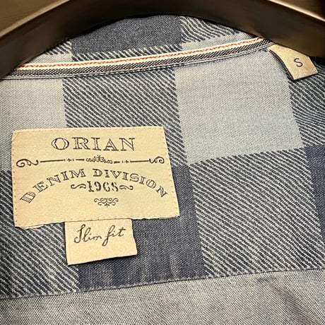 MADE IN ITALY製 ORIAN DENIM DIVISION ブロックチェック柄 長袖デニムシャツ ネイビー×ブルー Sサイズ