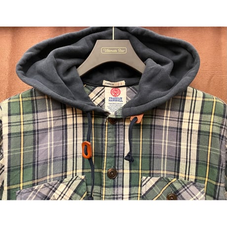 MADE IN ITALY製 FRANKLIN MARSHALL CLASSIC FIT スウェットフード付き チェック柄 長袖シャツ グリーン Lサイズ