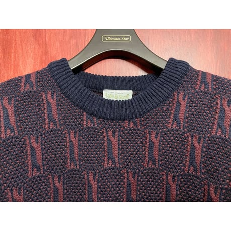 MADE IN NEW ZEALAND製 LYLE&SCOTT スーパーラムウールクルーネックセーター ネイビー×エンジ Lサイズ