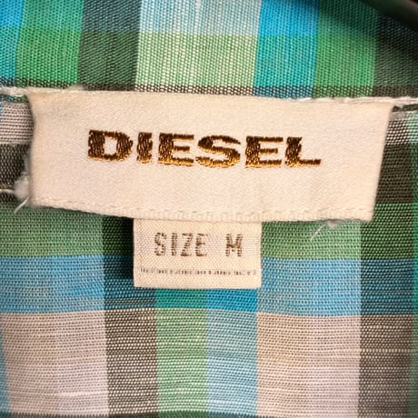 DIESEL チェック柄 半袖リネンコットンシャツ グリーン Mサイズ
