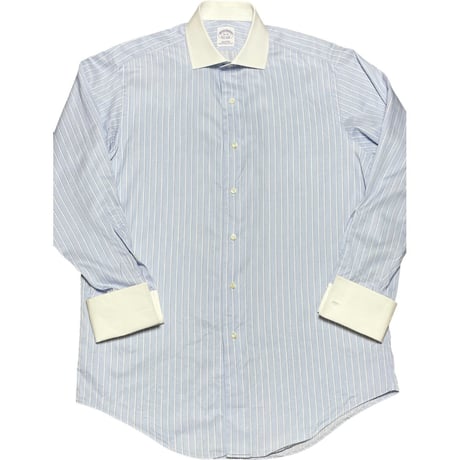MADE IN USA製 BROOKS BROTHERS クレリックダブルカフス長袖ストライプシャツ サックス 15-32サイズ イタリア製生地使用