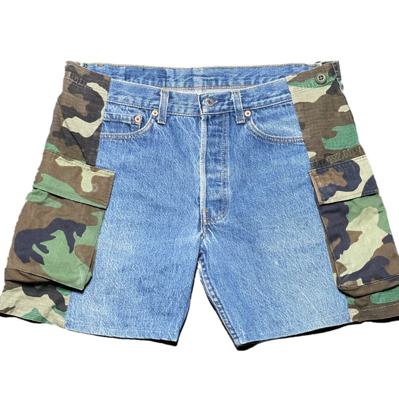 リメイク品 Levi's 501 デニム×迷彩カーゴハーフパンツ ライト