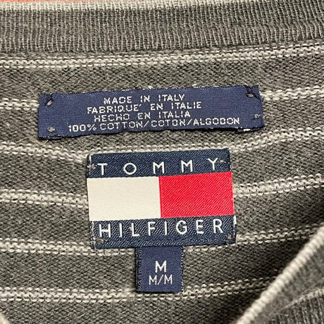 希少 MADE IN ITALY製 90s TOMMY HILFIGER フラッグタグ ボーダー柄コットンニットセーター グレー Mサイズ