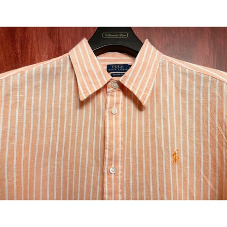 POLO RALPH LAUREN RELAXED FIT ストライプ柄 長袖リネンシャツ オレンジ Lサイズ