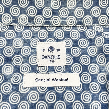 MADE IN ITALY製 DANOLIS Special Washed 長袖総柄シャツ ライトインディゴ 38-15サイズ