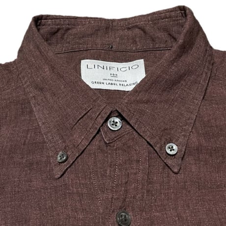 LINIFICIO FOR UNITED ARROWS GREEN LABEL RELAXING 半袖ボタンダウンリネンシャツ ブラウン Lサイズ