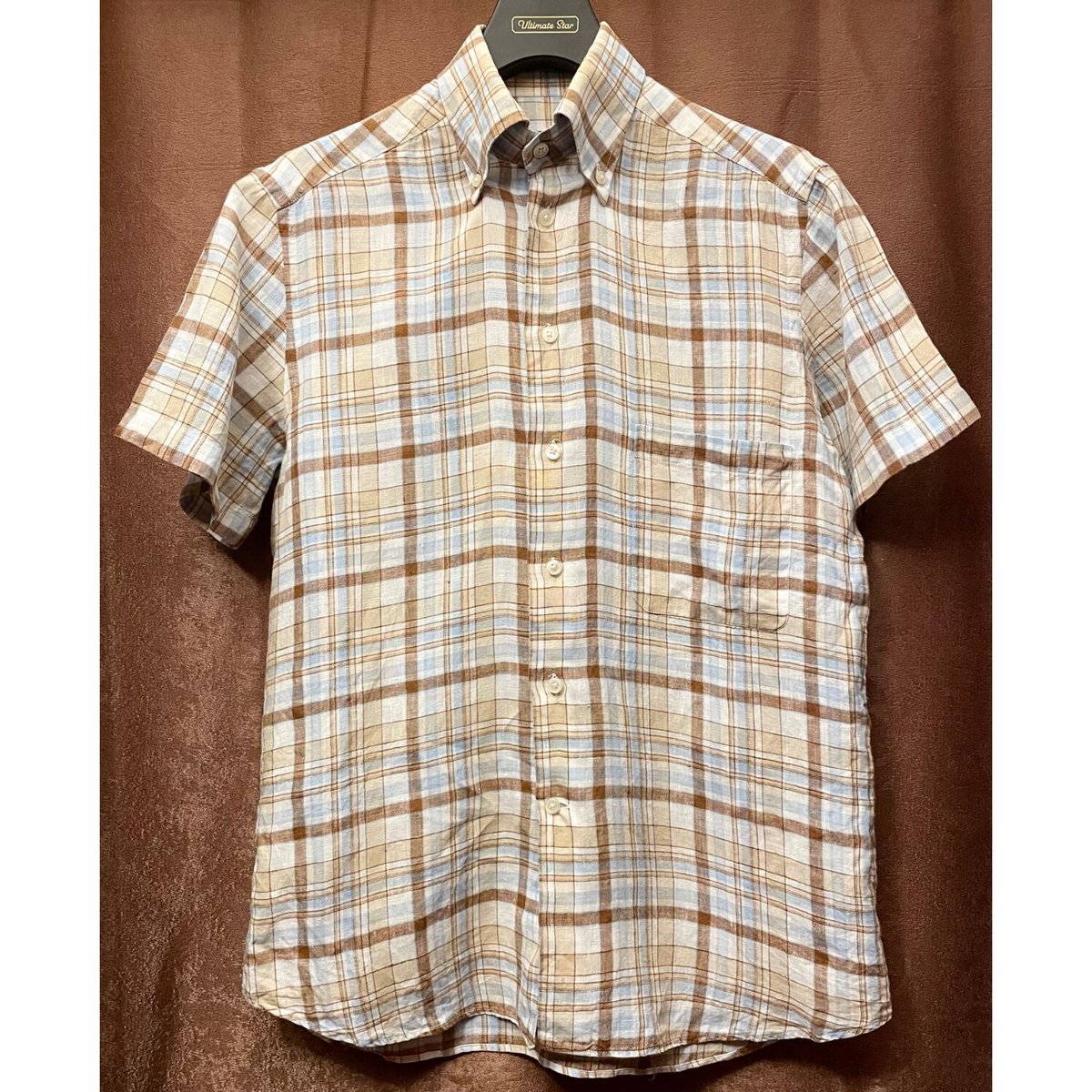 Tenderloin MASTERPIECE ベージュ ボタンダウン 半袖シャツ INVIDIAUOMO 半袖チェック柄ボタンダウンリネンシャツ ベージュ