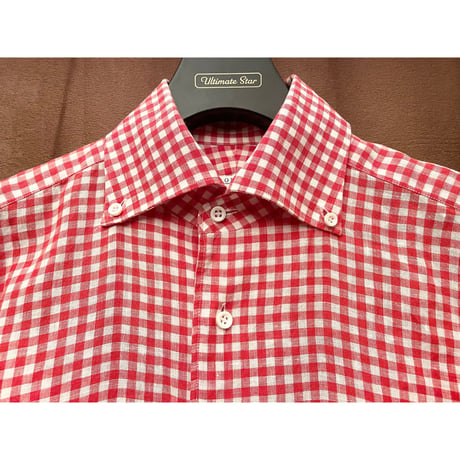 MADE IN ITALY製 ORIAN Slim Fit 長袖ギンガムチェック柄ボタンダウンリネンシャツ レッド Mサイズ