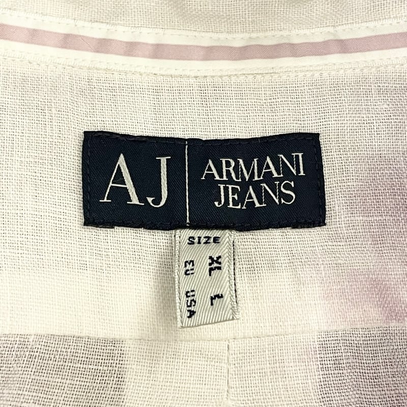 ARMANI JEANS 半袖リネンシャツ パープル×ホワイト XLサイズ ARMANI JEANS 半袖リネンシャツ パープル×ホワイト XLサイズ