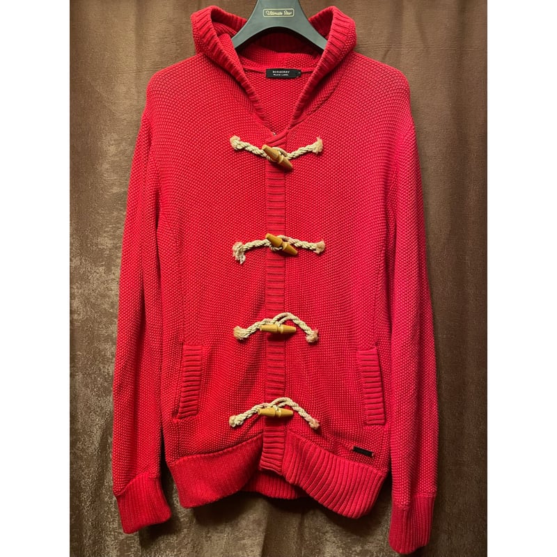 【美品】バーバリーブラックレーベル ニット ダッフルコート トグルボタン 赤 M 美品】バーバリーブラックレーベル ニット ダッフルコート