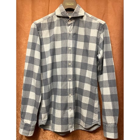 MADE IN ITALY製 ORIAN DENIM DIVISION ブロックチェック柄 長袖デニムシャツ ネイビー×ブルー Sサイズ