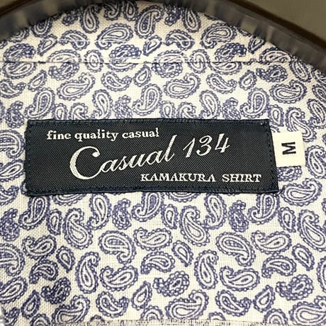 MADE IN JAPAN製 Casual 134 KAMAKURA SHIRT 長袖ペイズリー柄リネンシャツ ホワイト×ネイビー Mサイズ