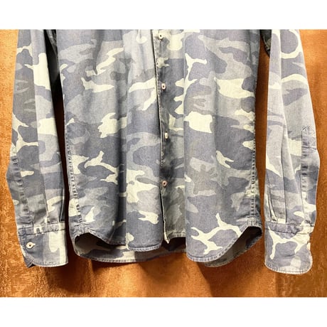 MADE IN ITALY製 ORIAN DENIM DIVISION Slim Fit 長袖デニムカモフラシャツ ブルー×ライトブルー Sサイズ