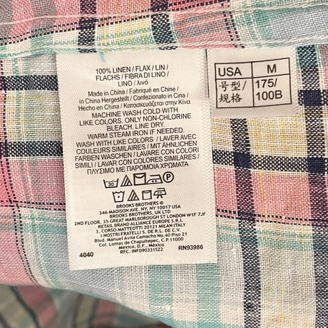 BROOKS BROTHERS irish linen 長袖チェック柄ボダンダウンシャツ マルチカラー Mサイズ