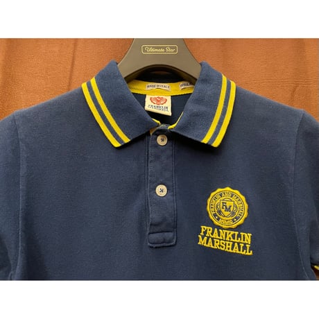 MADE IN ITALY製 FRANKLIN MARSHALL VARSITY 襟ライン半袖鹿の子ポロシャツ ネイビー×イエロー XSサイズ