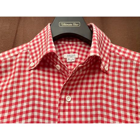 MADE IN ITALY製 ORIAN Slim Fit 長袖ギンガムチェック柄ボタンダウンリネンシャツ レッド Mサイズ