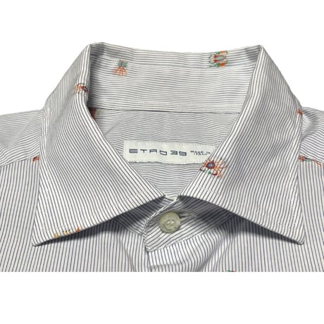 MADE IN ITALY製 ETRO 甲殻類刺繍入り長袖ストライプシャツ ブルー 39サイズ