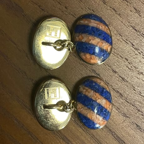 ブローチ型チェーン式ゴールドカフスボタン ブルー×ピンク