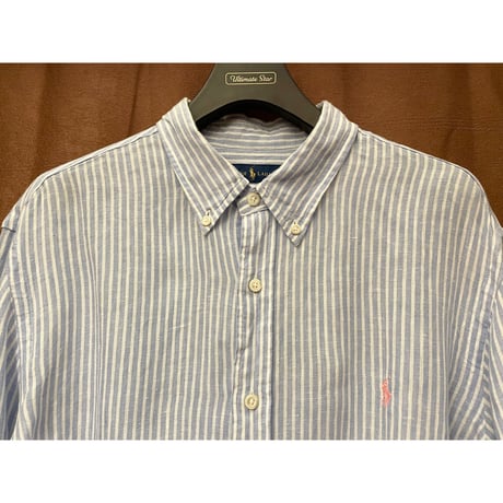Ralph Lauren 長袖ストライプ柄ボタンダウンリネンシャツ スカイブルー XLサイズ