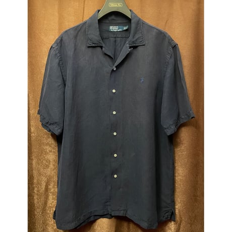 希少 Polo by Ralph Lauren シャドーヘリンボーン柄リネンシルク開襟シャツ ネイビー XLサイズ