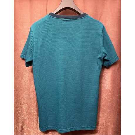 MADE IN USA製 Cal Cru ポケット付きクルーネックボーダーTシャツ グリーン×ネイビー Sサイズ
