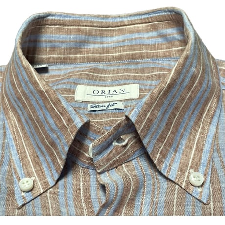 MADE IN ITALY製 ORIAN Slim Fit 長袖ボタンダウンリネンストライプシャツ ブラウン×サックス Lサイズ