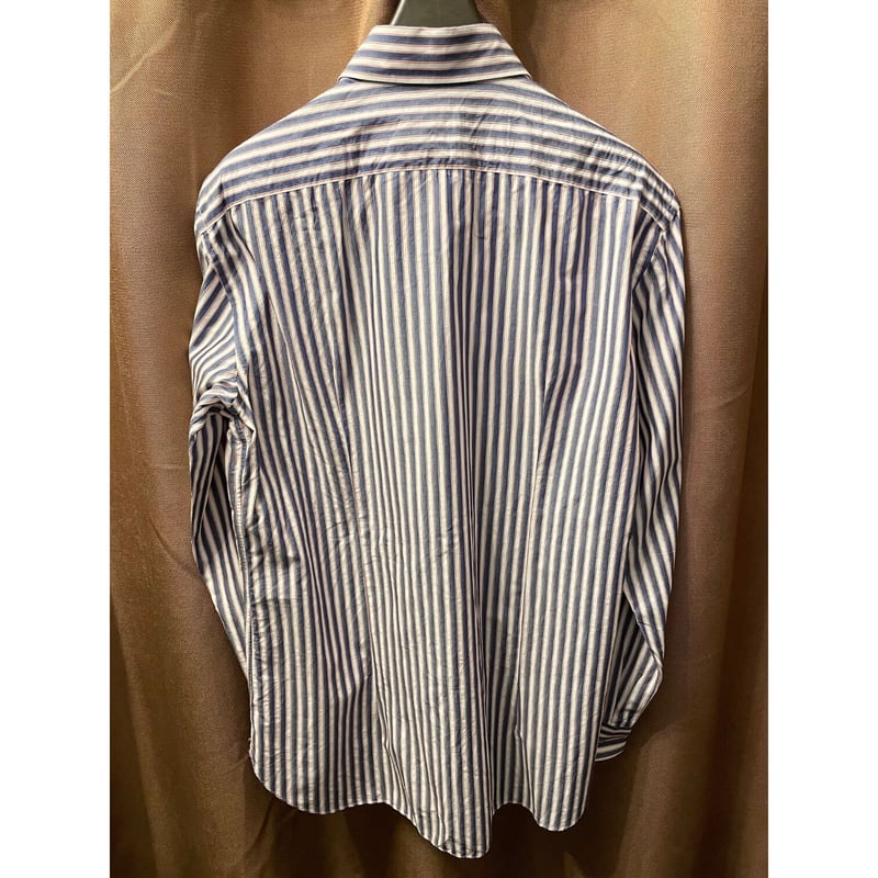 MADE IN ITALY製 Brioni 長袖ストライプ柄シャツ ホワイト×インディゴ 