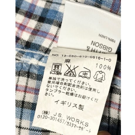 MADE IN UK製 SMYTH & GIBSON × JOURNAL STANDARD チェック柄長袖リネンシャツ ブルー Sサイズ