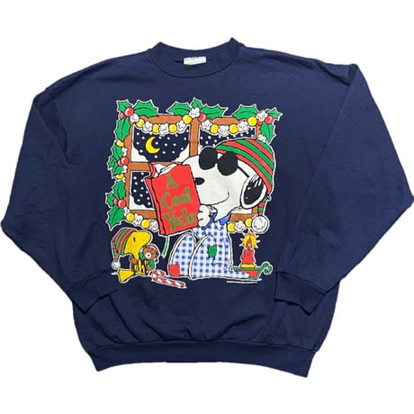 MADE IN CANADA製 ADMIT ONE PEANUTS SNOOPY クリスマススウェットトレーナー ネイビー XLサイズ
