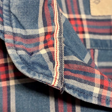 MADE IN ITALY製 ORIAN DENIM DIVISION Slim fit ブロックチェック柄 長袖デニムシャツ インディゴ×レッド 39-15 1/2サイズ