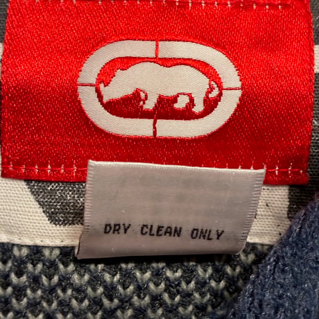 MADE IN KOREA製 ECKO UNLTD. ブロックチェック柄 プルオーバーニットパーカー ネイビー XLサイズ