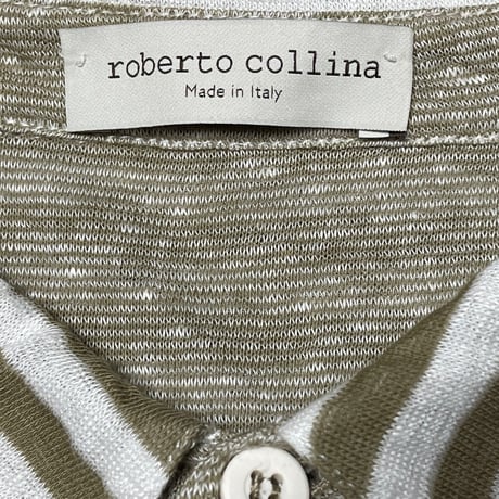 MADE IN ITALY製 roberto collina 半袖ボーダー柄コットンリネンニットポロシャツ オリーブ×ホワイト 46サイズ