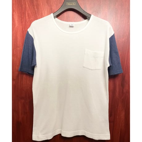 MADE IN ITALY製 gicipi 袖切り替えポケット付きニットTシャツ ホワイト×ネイビー 5サイズ
