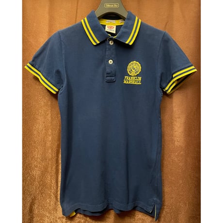 MADE IN ITALY製 FRANKLIN MARSHALL VARSITY 襟ライン半袖鹿の子ポロシャツ ネイビー×イエロー XSサイズ
