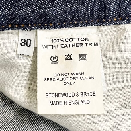 【BARNEYS NEW YORK取り扱い】MADE IN ENGLAND製 STONEWOOD + BRYCE ENGLAND レザーコンビデニムパンツ インディゴ W30サイズ