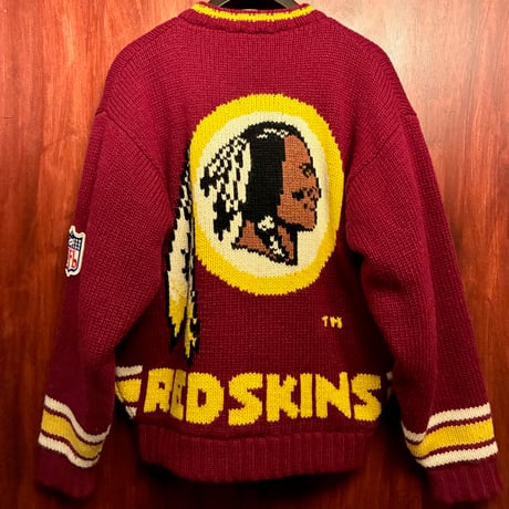 レア MADE IN KOREA製 90s EAST POINT × NFL WASHINGTON REDSKINS 裏ボア フルジップニットジャケット ワイン Fサイズ