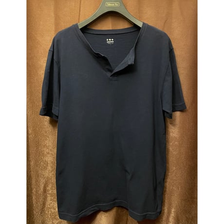 MADE IN USA製 threedots ヘンリーネック/キーネックTシャツ ネイビー Lサイズ