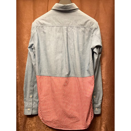 MADE IN JAPAN製 MISTERGENTLEMAN ダンガリー×ギンガムチェックドッキングシャツ ライトインディゴ×レッド Mサイズ