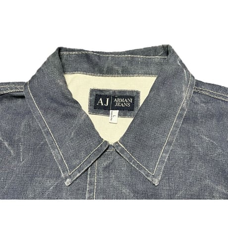 MADE IN ITALY製 ARMANI JEANS 半袖コットンリネンシャツ ライトインディゴ Lサイズ