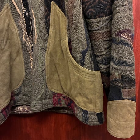 激レア MADE IN AUSTRALIA製 COOGI 3Dニット × スウェードレザー フルジップニットジャケット カーキ×ブラウン Mサイズ