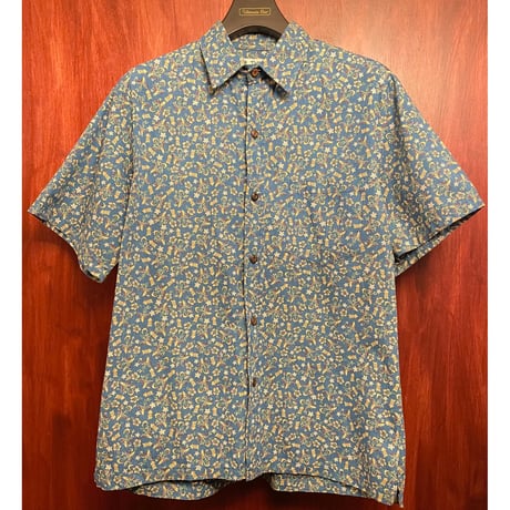 MADE IN HAWAII製 TWO PALMS アロハ柄 半袖コットンシャツ ブルー Mサイズ