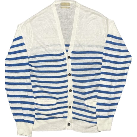 NANO UNIVERSE The 1st Floor French Linen ボーダー柄カーディガン ホワイト×ブルー Lサイズ