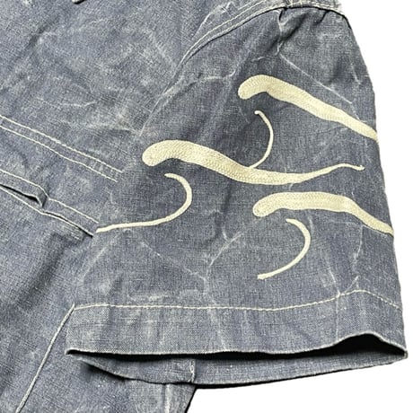 MADE IN ITALY製 ARMANI JEANS 半袖コットンリネンシャツ ライトインディゴ Lサイズ