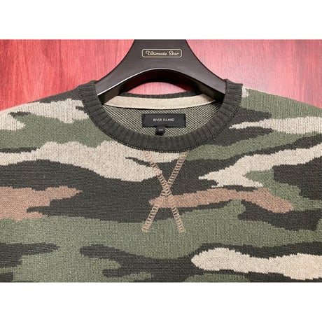 MADE IN ROMANIA製 RIVER ISLAND クルーネックコットンアクリルセーター 迷彩 XSサイズ
