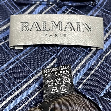 MADE IN ITALY製 BALMAIN レジメンタルストライプ柄シルクネクタイ ネイビー