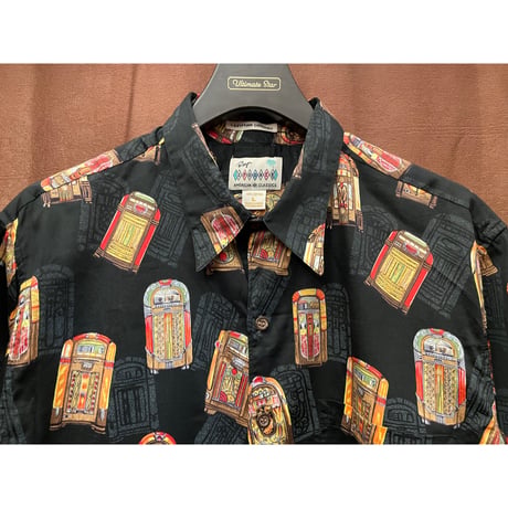MADE IN HAWAII製 Reyn Spooner AMERICAN CLASSICS 高級エジプトコットン使用 ジュークボックス柄アロハシャツ ブラック Lサイズ